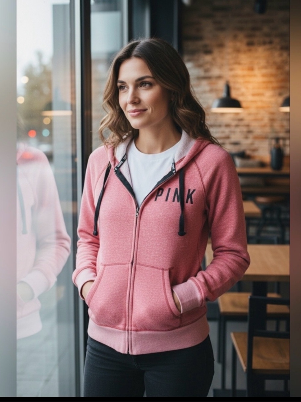 Victoria's Secret PINK Zip-Up Hoodie - Dusty Pink with Black Drawstrings
